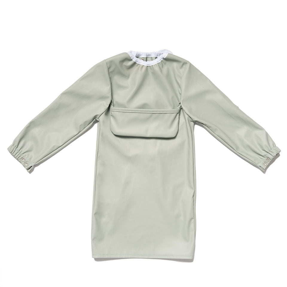 Waterproof long sleeve baby bib in Sage Green with a stretchy seal neckline to stop stained collars.